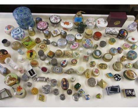 A large quantity of late 20th century trinket, pill, thimble and ornamental boxes to include silver and cloisonne examples to