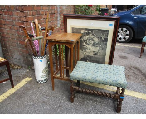 A mixed lot to include a 1930s barley twist stool, an oak occasional table, a signed Elsley print and a stick stand with mixe