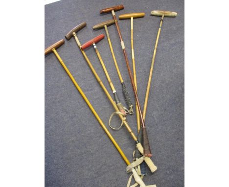 Seven vintage bamboo polo sticks to include J. Salter &amp; Sons and an Argentinian polo stick made by casa villiam