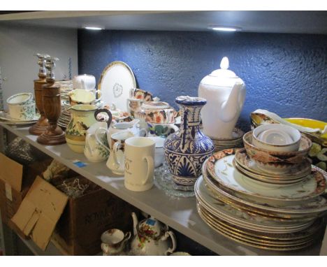 A mixed lot to include two treen candlesticks, a tea service and other mixed items