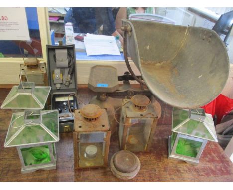A mixed lot to include a set of Bartlett &amp; Sons scales and mixed hanging lanterns 