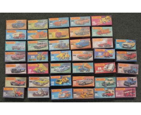 40 Matchbox Superfast diecast model vehicles in original boxes circa 1970s/'80s to include: Sambron Jacklift 48; Flareside Pi