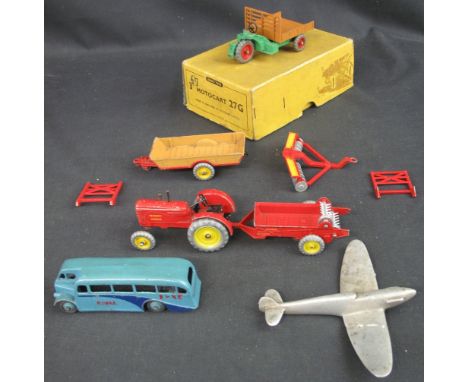 Dinky toys 3 Motocart 27G in original box together with a Dinky Massey-Harris Tractor with trailer, Dinky disc harrow, Dinky 