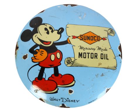 A Walt Disney Sunco Mercury Made Motor Oil convex circular enamel sign, diameter 30cm 