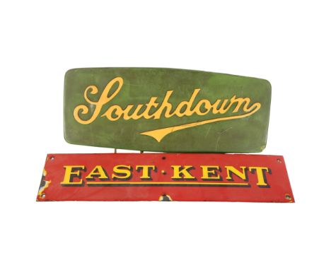 An East Kent red and yellow enamel door plate, length 40cm, and a Vintage South Down fibreglass sign, length 34.5cm (2) 