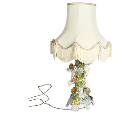 Dresden - An ornate Dresden table top lamp and shade, with cherub and floral decoration, height including shade 55cm 