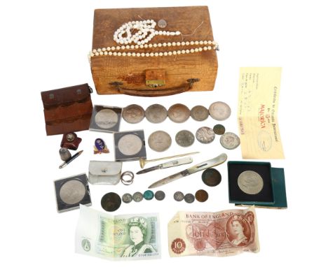 Various collectables, including Victorian silver mother-of-pearl fruit knife, unmounted moonstone, commemorative coins etc 