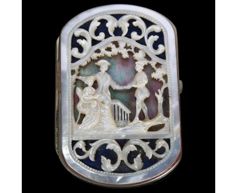 An early 20th century lady's mother-of-pearl purse, with figural relief carved panel, L9cm 