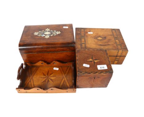 A Victorian mahogany box, with inlaid mother-of-pearl abalone decoration, 25cm across, a walnut box with marquetry bands, ano