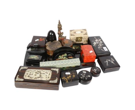 A Japanese desk set with painted decoration, mother-of-pearl inlaid boxes, a box with silvered embossed lid, chopsticks etc 