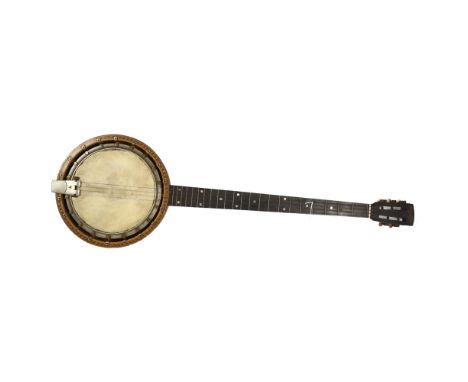 THE JETEL - a 5-string walnut-cased banjo, banjo length 94cmBanjo is missing 1 string, and has mother-of-pearl inlay decorati
