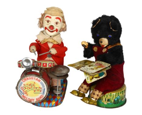 CRAGSTAN - a battery operated tinplate clown jazz band, likely 1960s, and a Cragstan book reading battery operated tinplate b