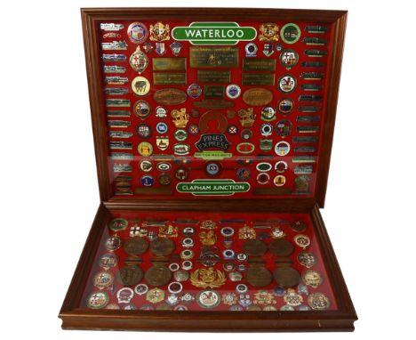 2 glazed and framed collections of enamel and other railway badges and commemorative medals, including Pine Express, London B