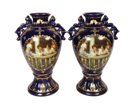 A pair of Royal Limoges cobalt blue 2-handled baluster vases with portrait panels, H35cmGood overall condition, no chips or c