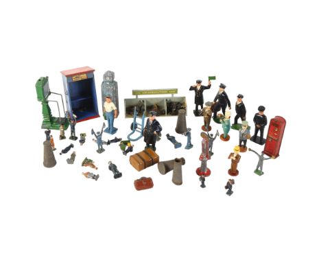 A quantity of Vintage Britains railway accessories, and various Hornby associated items, including conductor's luggage platfo