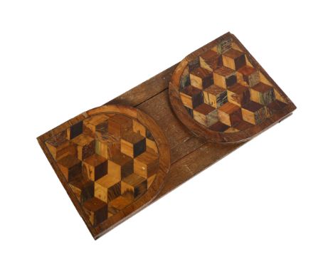 A 19th century Tunbridge Ware specimen wood parquetry inlaid rosewood tumbling cube sliding book rack, closed length 33.5cm1 
