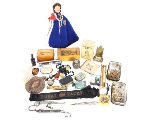 Various collectables, including Chinese mother-of-pearl fish gaming counters, military issue Bosun's whistle, commemorative c