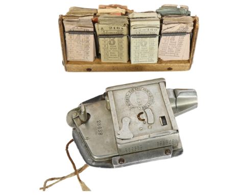 Bus conductor's ticket machine, by The Bell Punch & Printing Co, and a ticket dispenser and tickets 