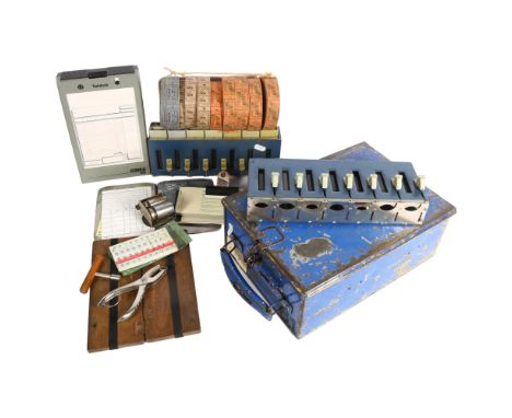 Vintage bus conductor's equipment, including ticket dispensers, tickets, cash tin, coin holders, punch etc 