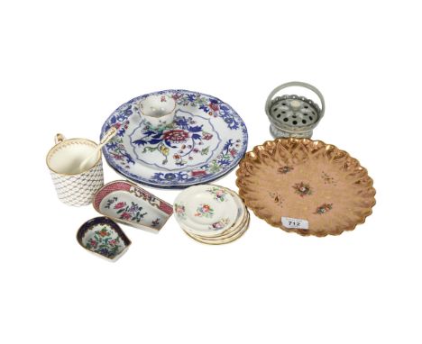 A Charles Bourne smear glazed pot pourri holder, circa 1820, H11cm, 2 Copeland Spode plates, pattern 2886, diameter 24cm, 3 m