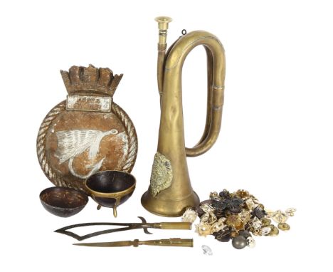 A military bugle for the Argyll & Sutherland Regiment RFA cast-iron badge, trench art, various military buttons etc 
