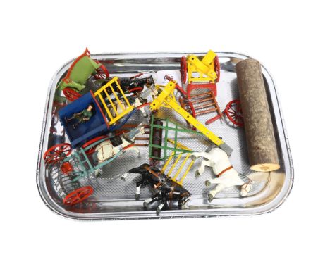 A quantity of Britains painted lead horses, carts, roller etc 