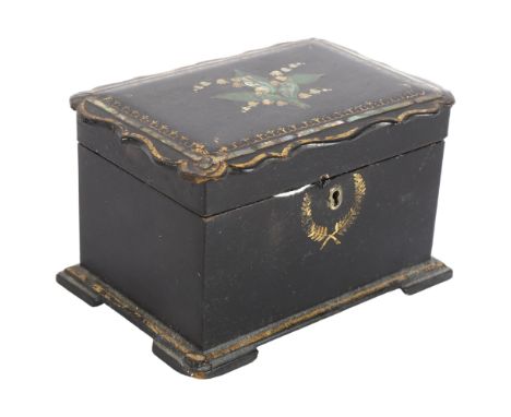 A Victorian papier mache tea caddy, with painted gilded decoration, width 20cmSome areas of loss and damage to the corners of