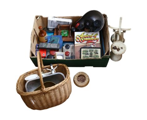 Kitchen balance scales and weights, desk stands, basket etc 