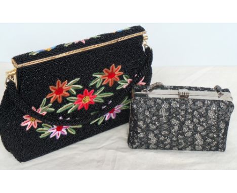 Two 1950s/60s evening bags. A black beaded bag with embroidered floral motifs to front and back - good clean condition. A  si
