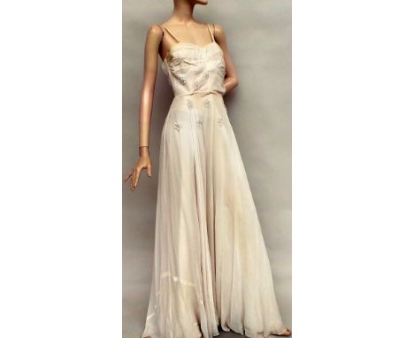 A vintage - possibly 50s or 60s - white chiffon ball gown by 'Elizabeth Proud' of Bath. Very glamorous ruched, fitted bodice 