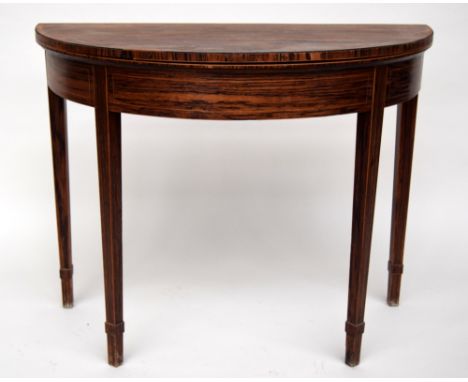 A George III rosewood and satinwood demi lune card table with boxwood and ebonised stringing 94cmW x 47cmD x 77cmH