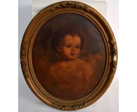 British School, 19th century, Portrait of a young child facing to sinister amid clouds, oil on oval canvas 50 x 43cm