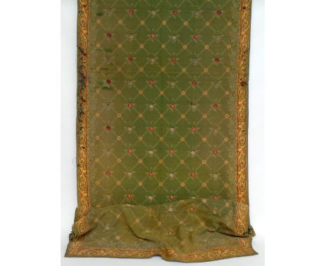 A fine pair of 19th Century woven tapestry panels/altar cloths. Lawn green woven panels incorporating roses in a trellis desi
