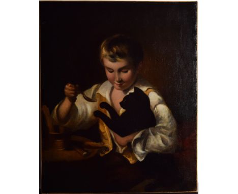 John Opie (British 1761-1807) A young boy playing with a cat, oil on canvas, unframed, 76 x 64cmProvenanceColognaghi, Faulkne