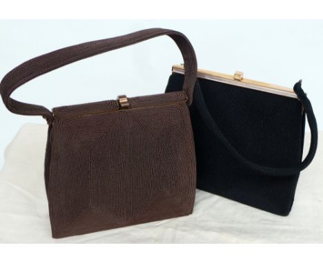 Two vintage 'Corde' bags. One brown with brass clasp fitting and with mirror and purse, One black with brass clasp. Both in v