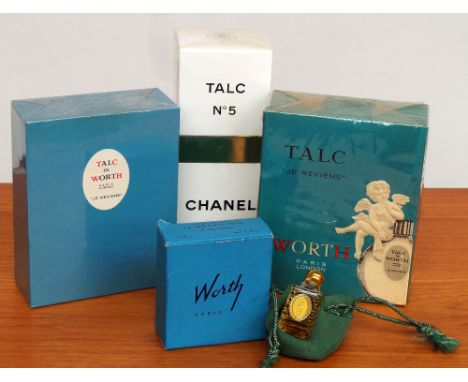 A selection of vintage perfumes and talcs - all unused and in original packaging. Two 'Worth' talcs and small perfume all  'J