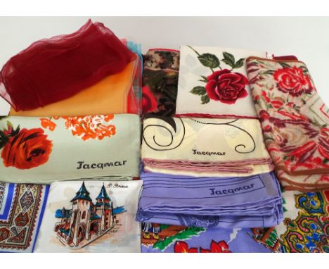 A box of vintage scarves, more than 30, including silk and 'Jacqmar'. (Qty)