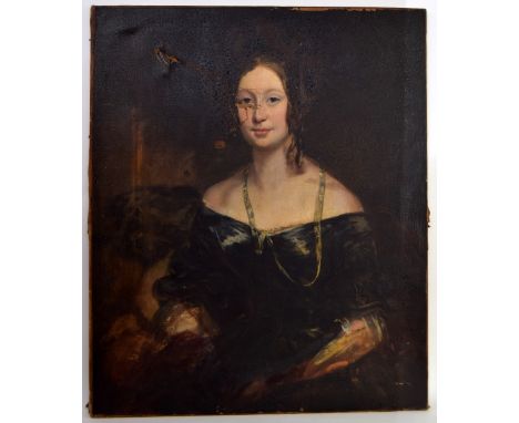 British School c.1830, Portrait of a young lady in a black and lace trimmed dress, half length, oil on canvas, unframed, 91 x