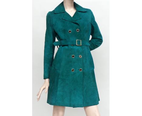 A 1960s turquoise suede three-quarter length coat approx size 8-10.  Fitted coat with double-breasted buttons and full belt, 