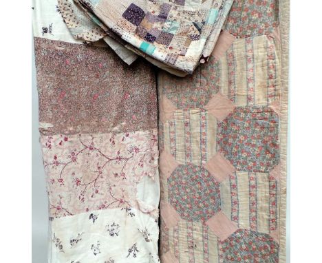 A lot of mixed antique and vintage textiles all in need of repairs/restoration. An early very pretty patchwork quilt 65" x 80