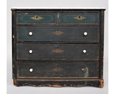 A German painted pine commode, the white marble top over two short drawers and three long drawers with stencilled decoration 
