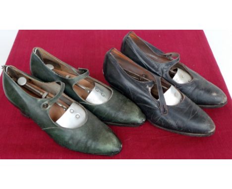 Two pairs of circa 1920s leather bar shoes in green and navy. Have been re-heeled and soled. In fair vintage condition just n