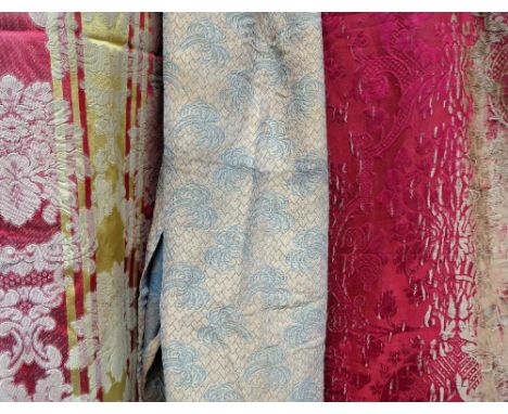 Large lot of antique curtains. One pair lined red and gold stripe ground with floral overlay - 48"W x 58"D - fabric gone in s