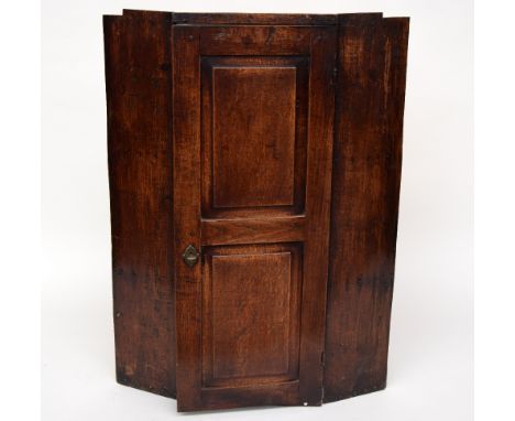 A mid eighteen century oak cupboard of good colour and shallow depth, the single door with two rectangular raised panels, enc