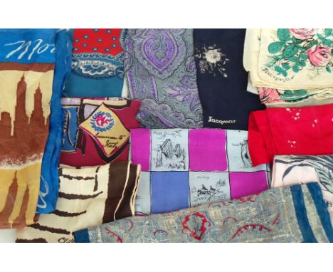 A lot of vintage scarves, mostly silk and including two 'Schiaparelli' and 'Jacqmar' and 'Clifford Bond', fifteen in total. (