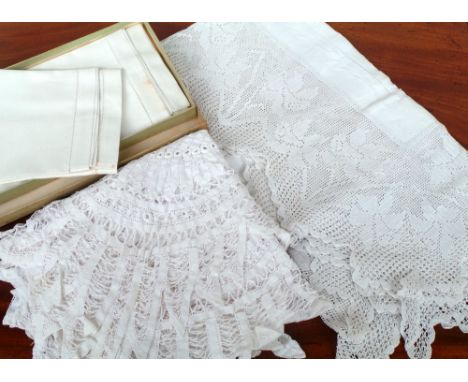 A mixed box of vintage fine cotton linen tableware, crocheted placemats and runners. All in nice clean condition. (Qty)