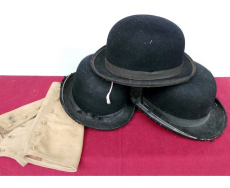 Three vintage hunting bowlers. Two 'Lock & Co.' a gents and a ladies and a 'Hilhouse & Co' (better condition). A grey 'Woodro