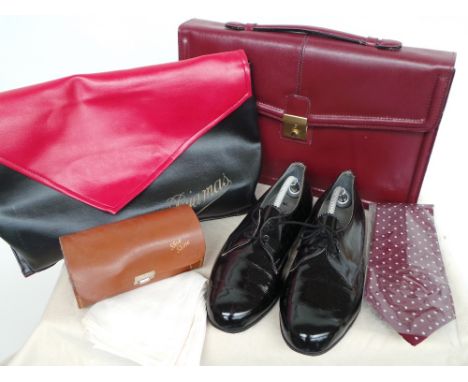 A nice mixed lot of vintage gents accessories to include a pair of Saxone black patent shoes, size 8.5, a leather cased shoe 