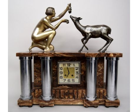 A French Art Deco onyx and silvered metal and chrome mantel clock with eight day movement striking on a gong, 53.5cm x 57cmH
