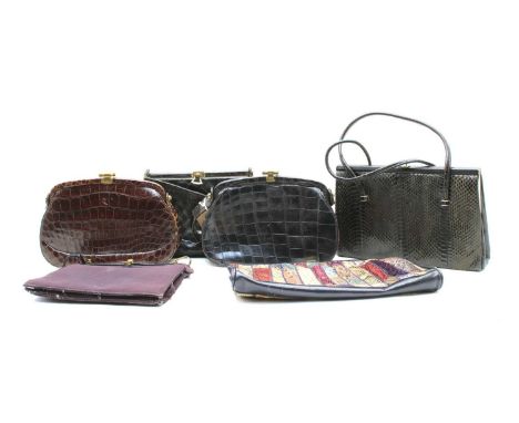 A collection of six 1940s-70s vintage handbags, lizard and crocodile leather examples, one example a 1970s multi-coloured dye